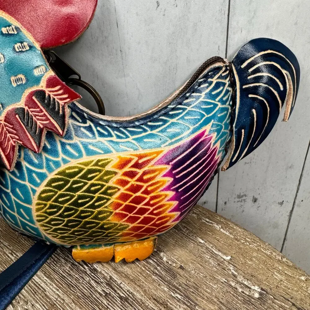 Genuine Leather Rooster Coin Purse Wristlet Chicken Hand Painted Leather NEW!